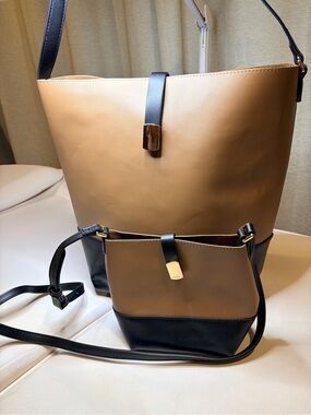 Old Navy Two-Tone Brown and Black Leather Shoulder Tote